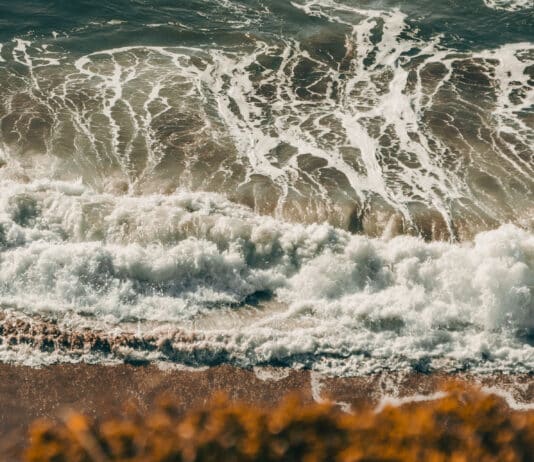 This is a picture of waves rolling in on a beach in San Fransisco.