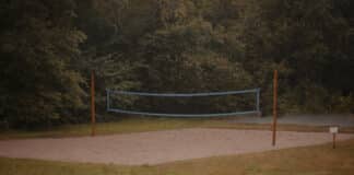 This is a picture of an outdoor volleyball court outside Stockholm.