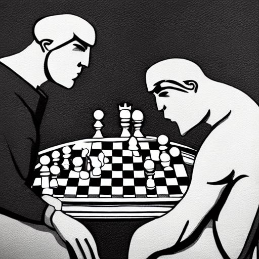 Black and white visual art of two titans playing chess - For Content